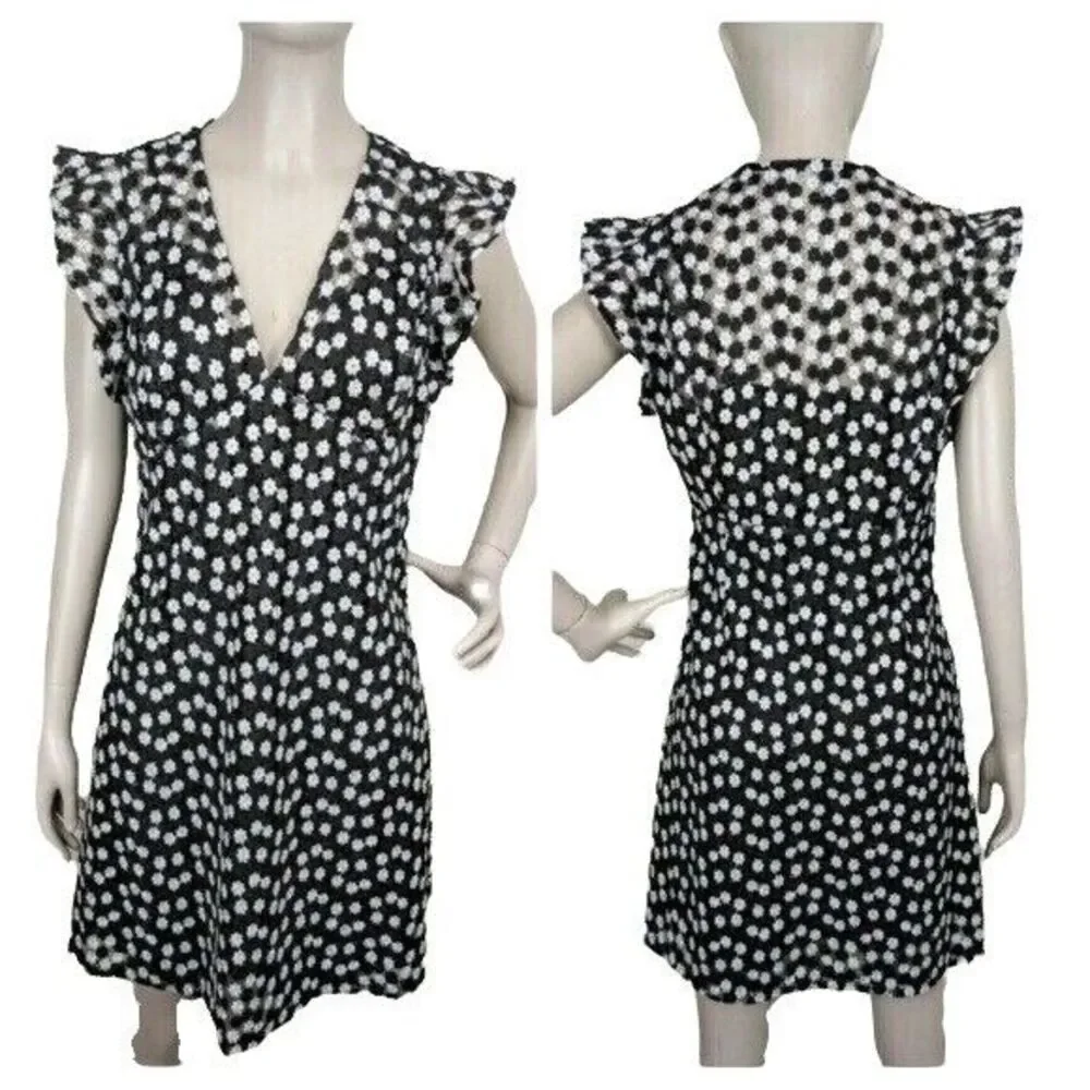Michael Kors Daisy Floral Mesh Lace Flutter Sleeve Deep V-Neck Mini Dress NEW